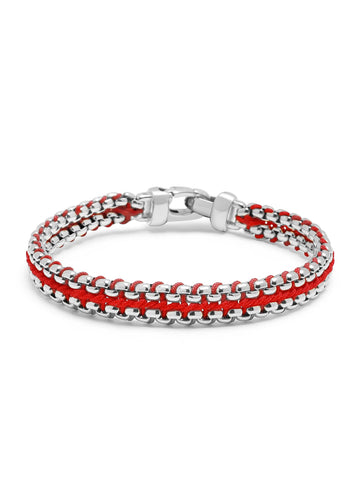 Nialaya Men's Bracelet Red Woven Box Chain Bracelet in Silver Red Woven Box Chain Bracelet in Silver